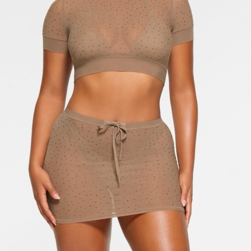 Skims Rhinestone Mesh Swim Cover Up Skirt Desert Tan Brown NWT